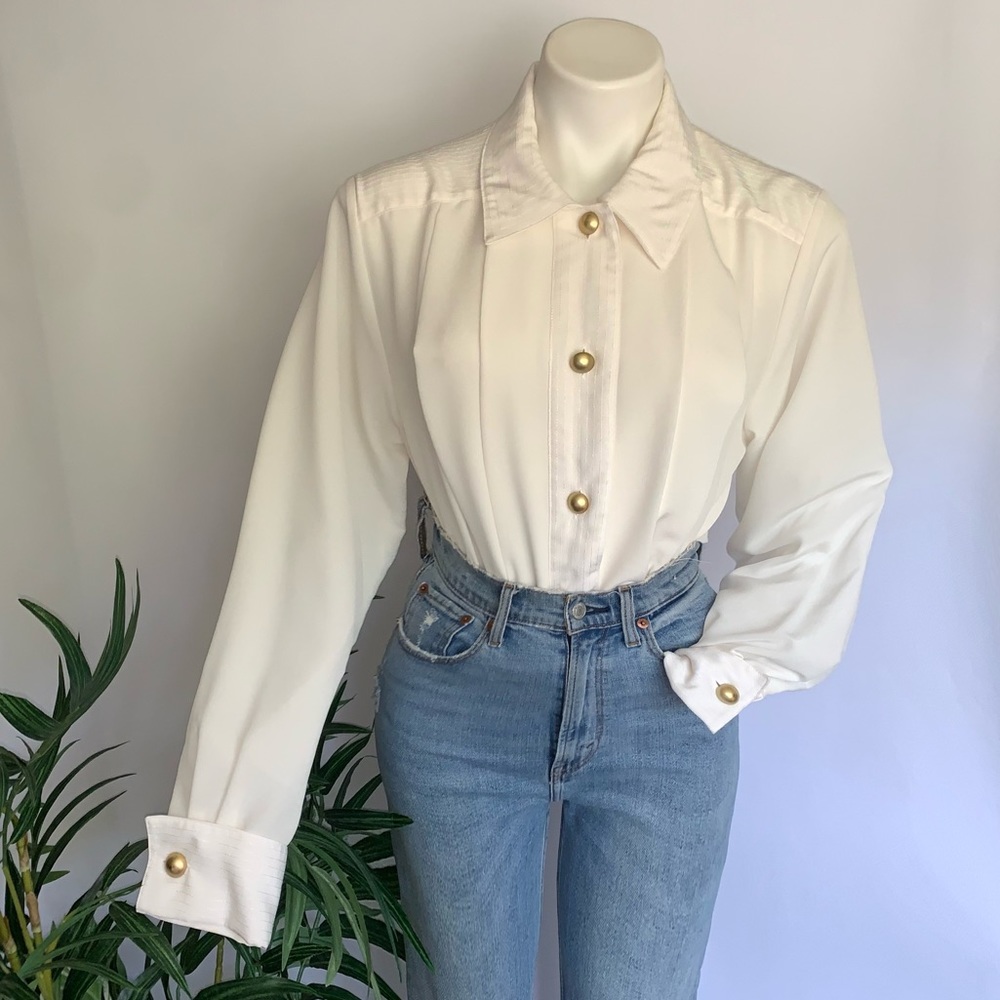 v i n t a g e :: Elegant Pleated Pinstripe Cufflink Satin Blouse - Picture 3 of 13